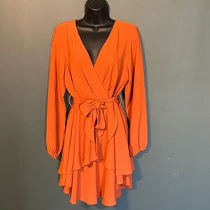 Elegant Orange Faux Wrap Dress